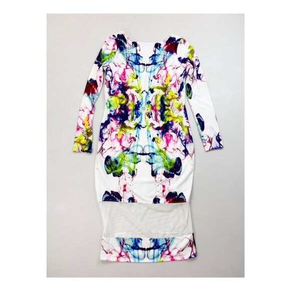 ASOS Low Back Wiggle Midi Dress US 10 NWT Abstract Watercolor Print Mesh Panel - Picture 10 of 11